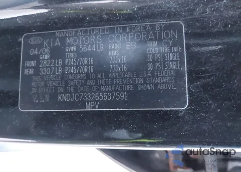 2006 Kia Sorento Ex/Lx z USA, uszkodzony, nr VIN KNDJC733265637591